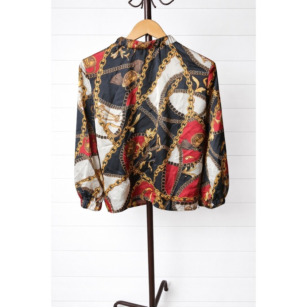 Yourl Chain Print Tie Neck Silky Blouse Gold White Black Large - Picture 2 of 5